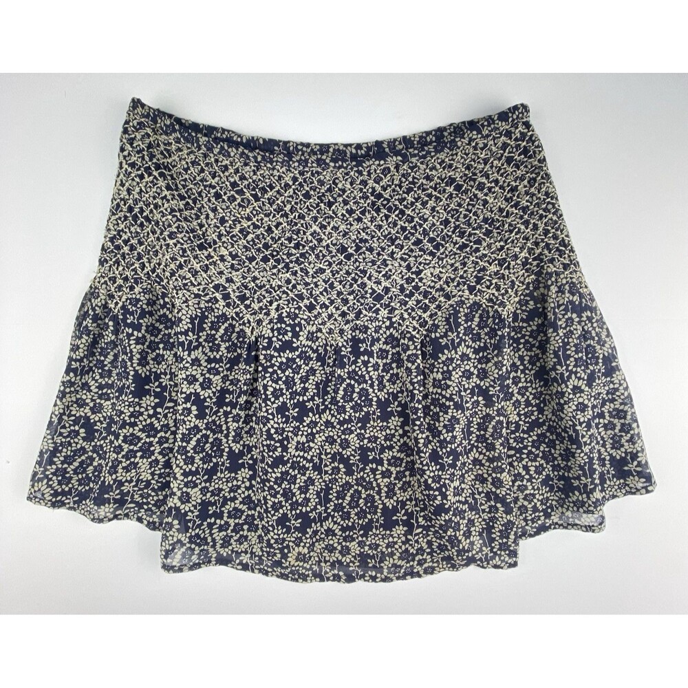 Ulla Johnson Silk Floral Mini Skirt Smocked Waist Navy Cream Boho Cottagecore Si